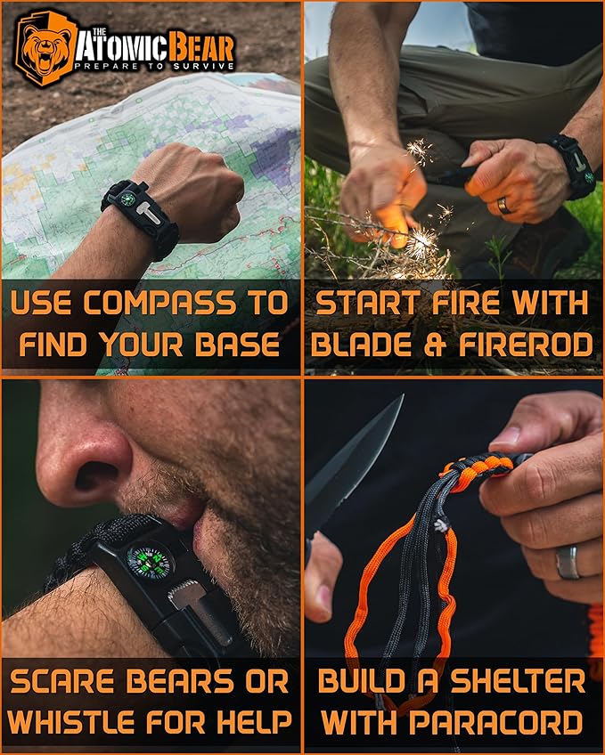 Atomic Bear Paracord Bracelet (2 Pack) - Adjustable - Fire Starter - Loud Whistle - Perfect for Hiking, Camping, Fishing and Hunting - Black & Black+Orange - Image 2