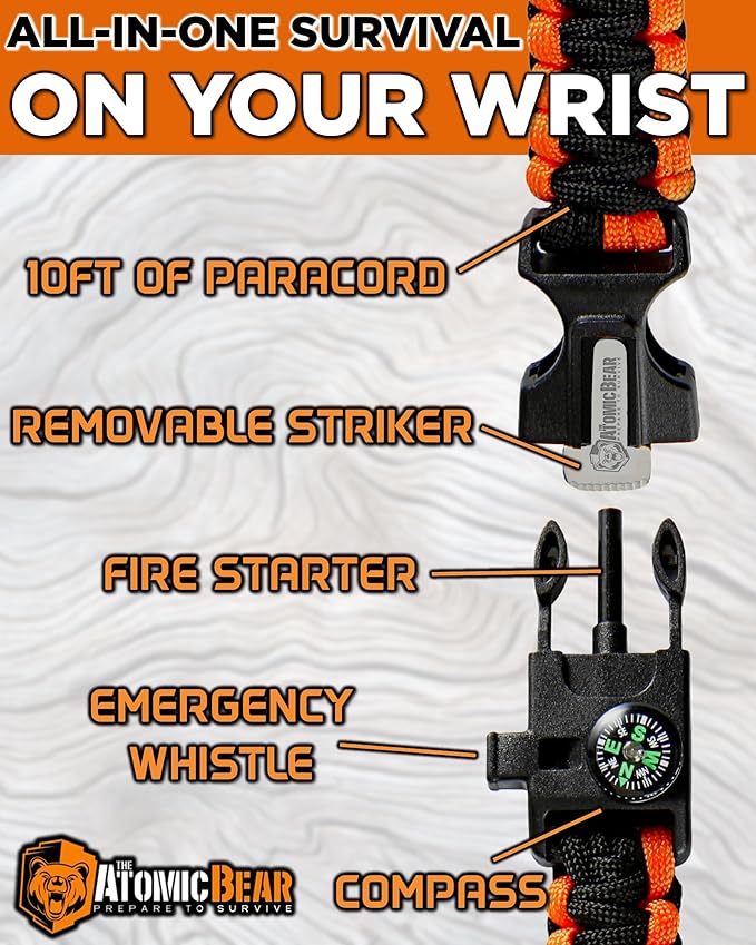 Atomic Bear Paracord Bracelet (2 Pack) - Adjustable - Fire Starter - Loud Whistle - Perfect for Hiking, Camping, Fishing and Hunting - Black & Black+Orange - Image 3