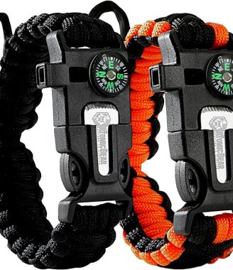 Atomic Bear Paracord Bracelet (2 Pack) - Adjustable - Fire Starter - Loud Whistle - Perfect for Hiking, Camping, Fishing and Hunting - Black & Black+Orange