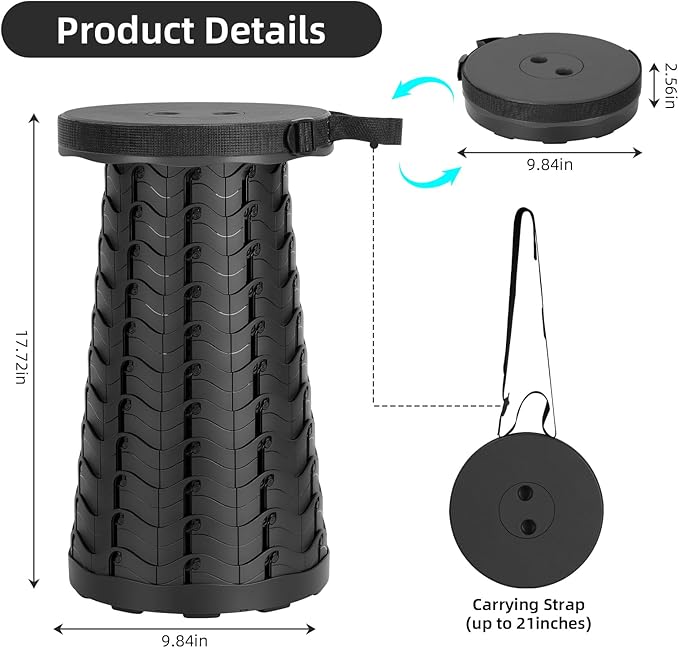 Collapsible Stool, Folding Chair - Upgraded Portable Chair with Load Capacity 400lbs, Portable Stool for Camping Fishing Hiking - Folding Tool with Carrying Straps,Gifts for Fisherman (Black) - Image 3